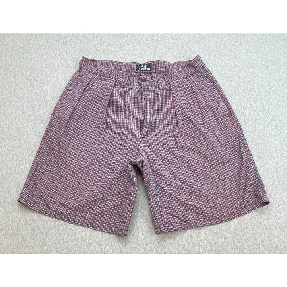 Polo Ralph Lauren Shorts Mens 33 Plaid 100% Cotton Pleated Front 8